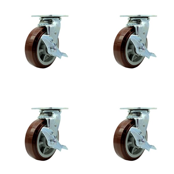 6 Inch Polyurethane Swivel Caster Set with Ball Bearing and Brake